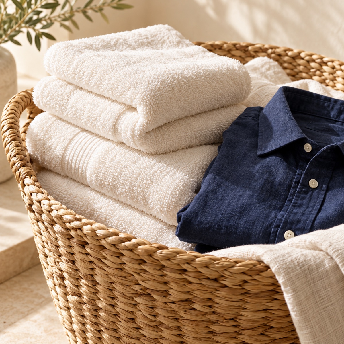 Illustrative AI still life of folded cotton towels and a navy shirt in a woven basket
